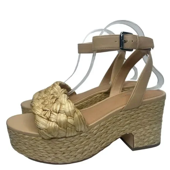 Marc Fisher Platform Sandal 10 Espadrille Neutral Summer Chic Raffia Beige Steel - Picture 4 of 13